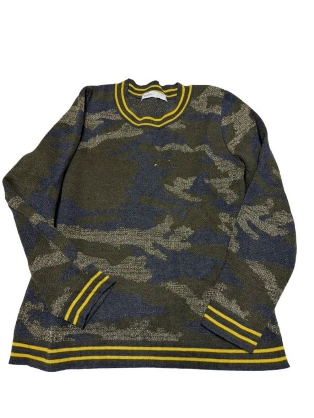 Skovhuus Womens Size M US 8-10 Camouflage Green Gold Metallic Knit Sweater Top